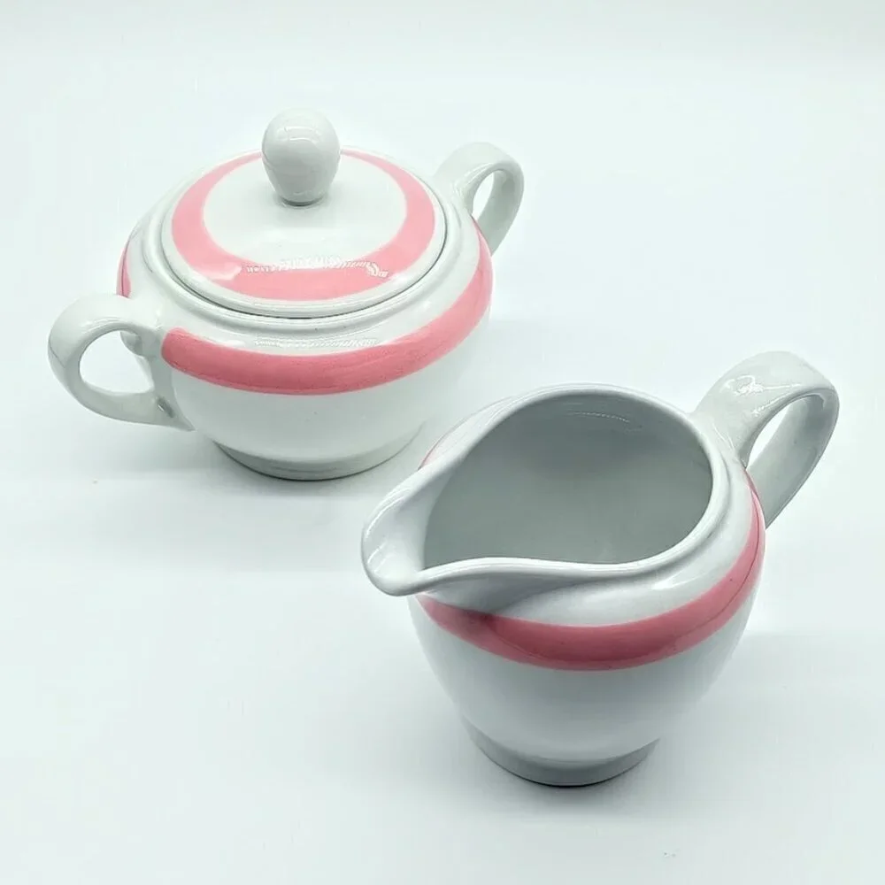 Arabia Finland Ribbons Pink Covered Sugar Bowl & Creamer Pitcher Set